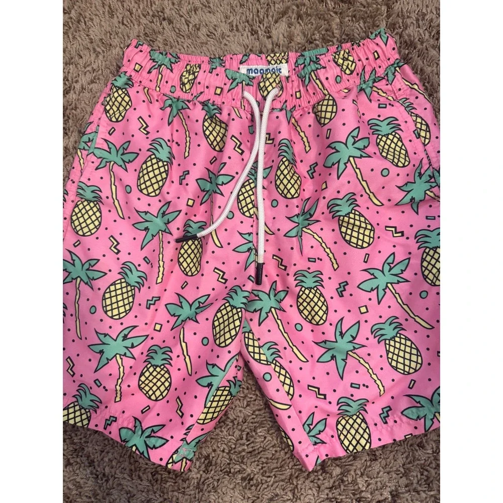 Maamgic Boys Swim Trunks Size 10/12 Pink Pineapple Palm Tree Mesh Lined Shorts